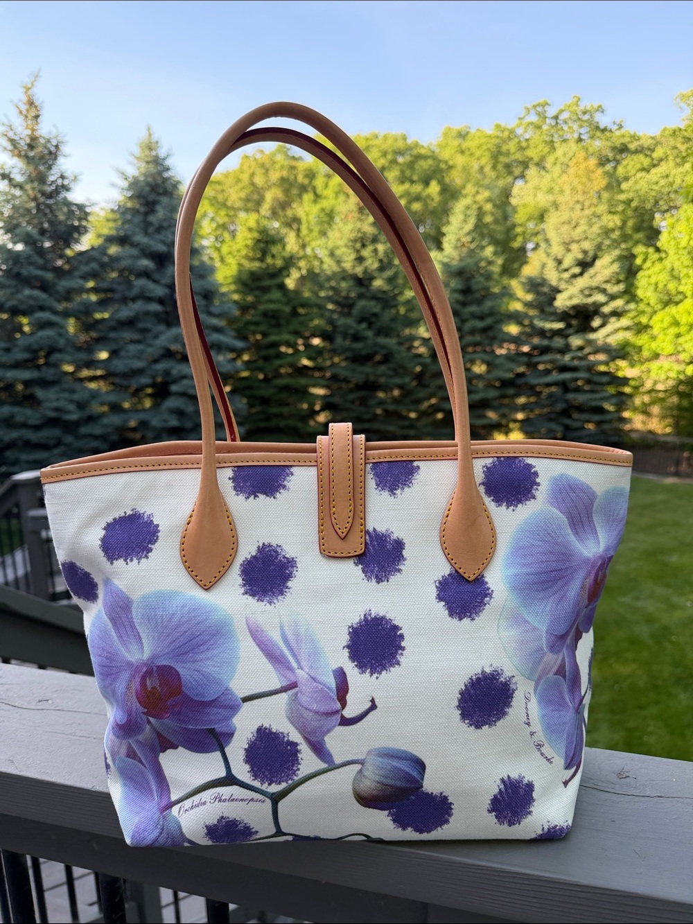 Dooney & Bourke Purple Floral Canvas Tote with Tan Leather Trim - Picture 3 of 12